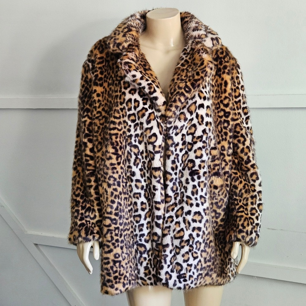 Pink Diamond Leopard Print L Faux Fur Coat Brown Tan Oversized Mid-Length Jacket
